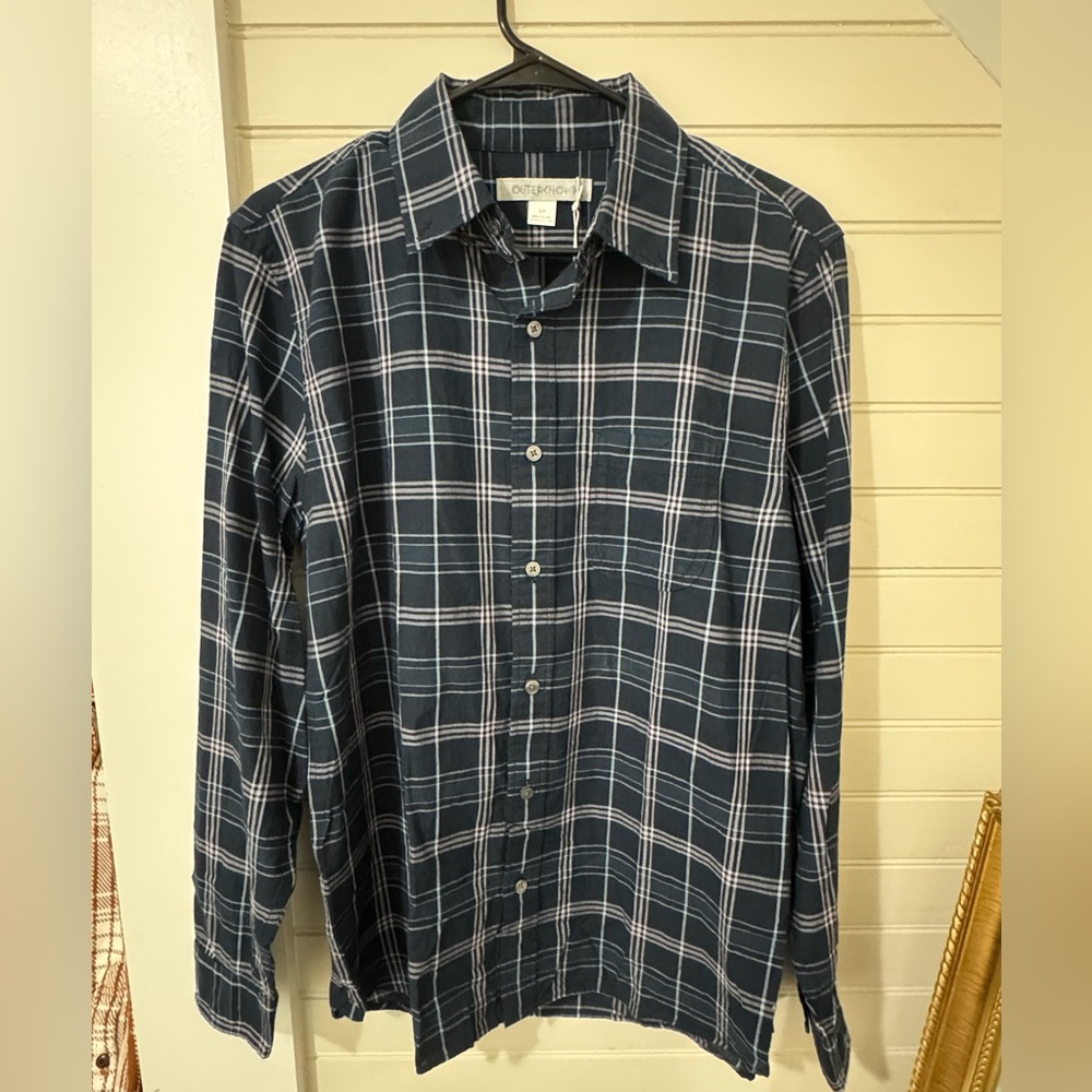 NWT! Outerknown Mens Blue Plaid Collared Shirt Size Small outdoor hiking.